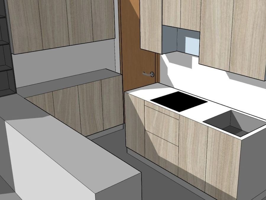 Render 3D de una cocina a medida